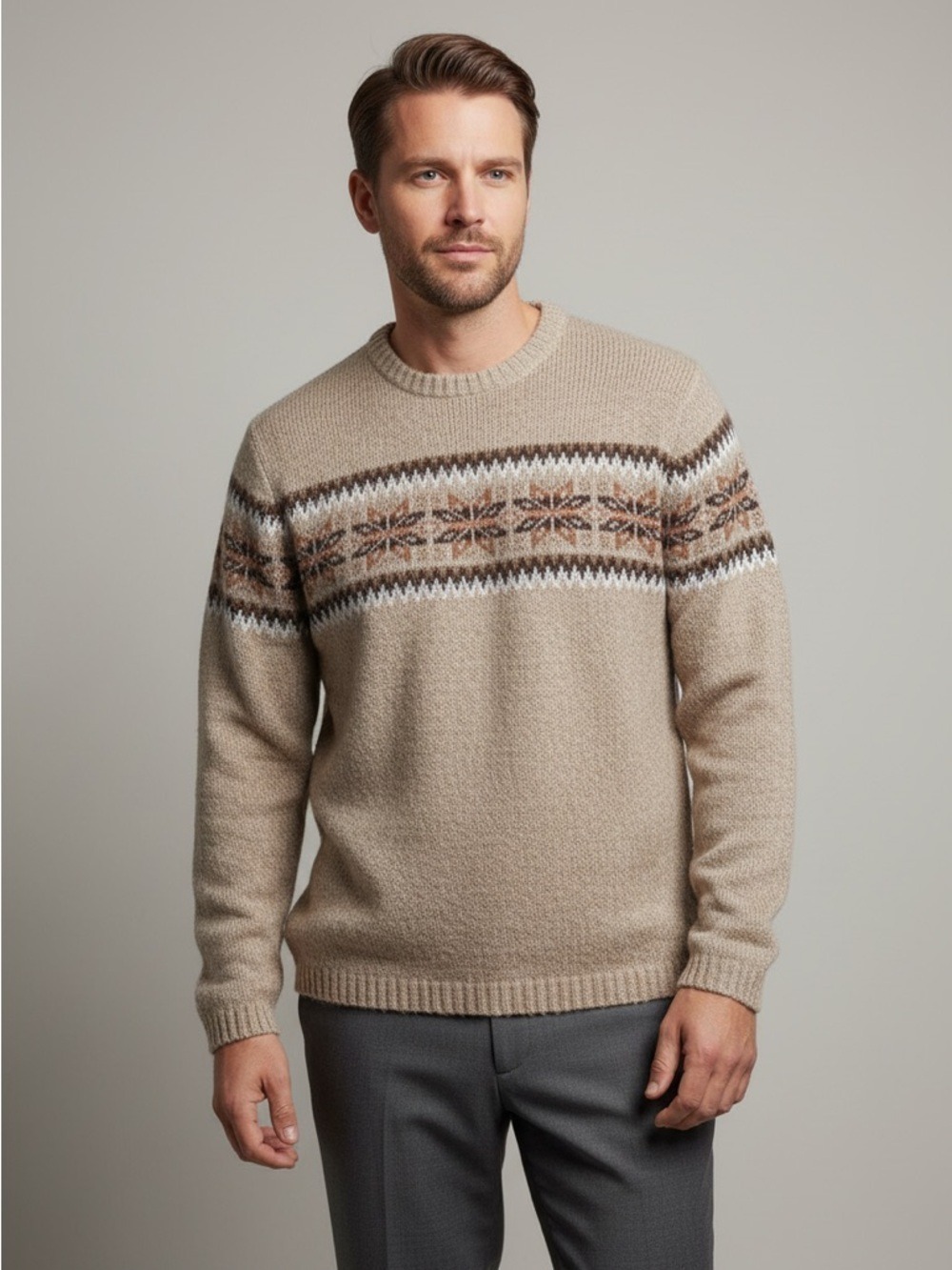 Vintage Nordic Fair Isle Knit Sweater Neutral Earthy Tones Cabin Core Large